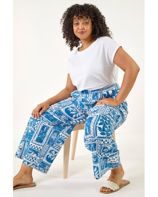 Roman Blue Curve Postcard Print Wide Leg Trouser