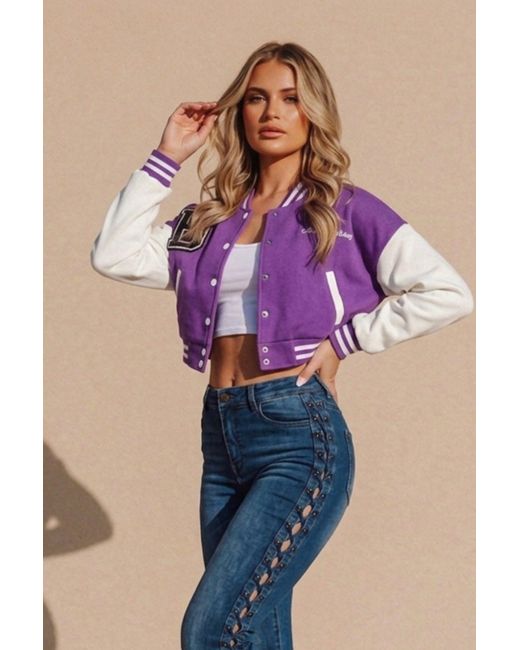 Femme Luxe Blue Varsity Slogan Contrast Sleeve Bomber