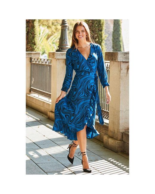 Sosandar Blue Swirl Print Ruffle Hem Midi Wrap Dress