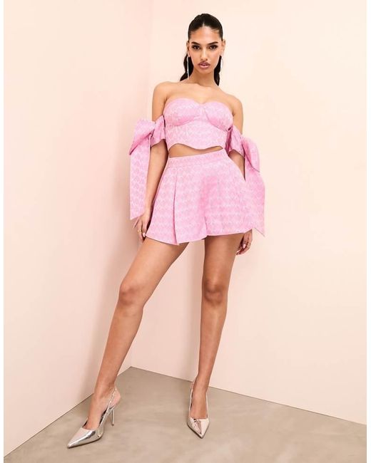 ASOS Pink Jacquard Co-Ord Bandeau Corsetted Top With Bow Tie Sleeves