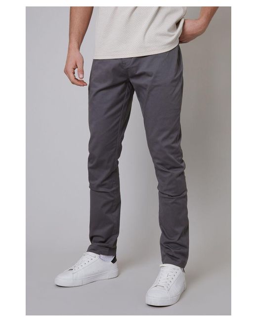 Threadbare Gray 'Ego' Cotton Slim Fit 5 Pocket Chino Trousers With Stretch for men