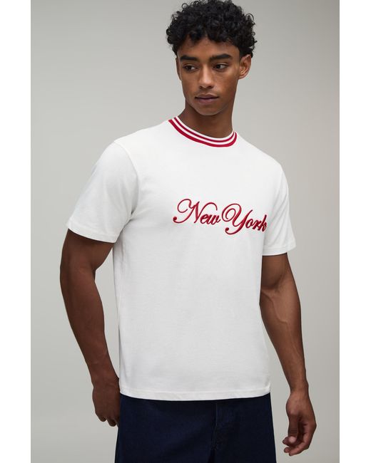 BoohooMAN White Regular Fit New York Hi-Build Embroidered T-Shirt for men