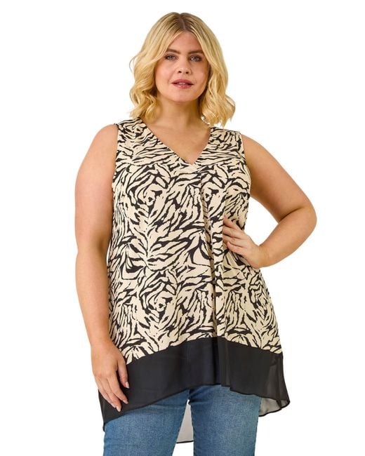 Roman Black Curve Animal Print Chiffon Hem Vest Top