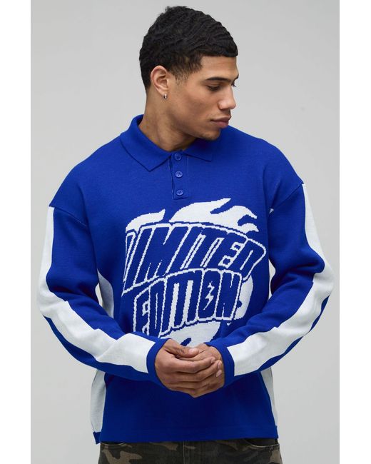 BoohooMAN Blue Oversized Moto Graphic Long Sleeve Knitted Polo for men
