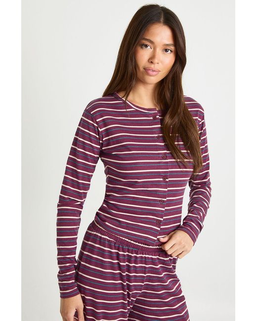 Boohoo Red Striped Button Through Long Sleeve Top
