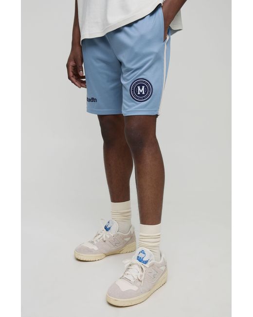 BoohooMAN Blue Relaxed Mid Length Embroidered Sports Shorts for men