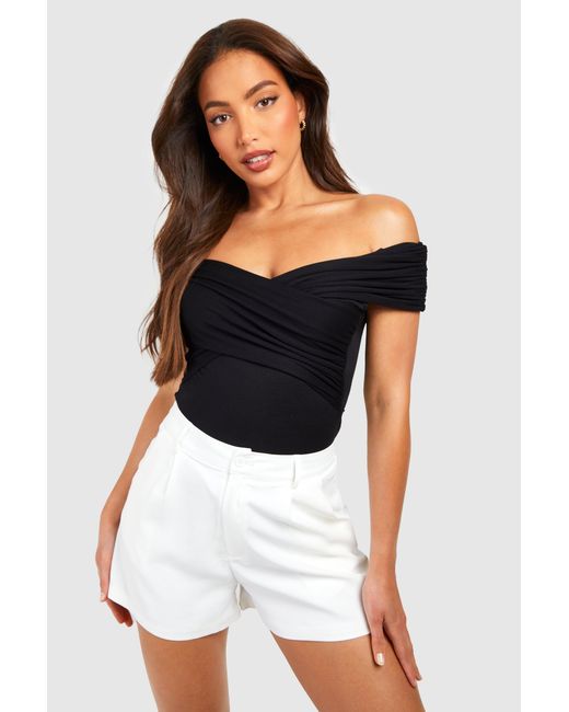 Boohoo White Tall Bardot Ruched Detail Bodysuit