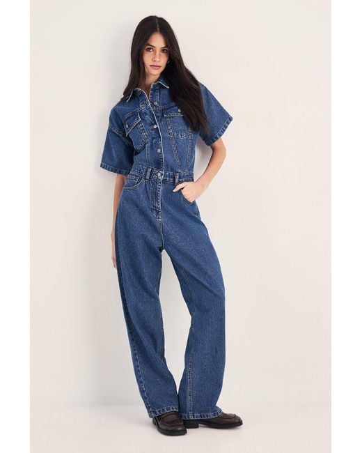 Nasty Gal Blue Denim Low Rise Boyfriend Jumpsuit