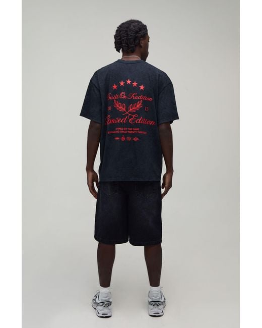 BoohooMAN Blue Washed Oversized Built On Tradition Print T-Shirt Cotton for men
