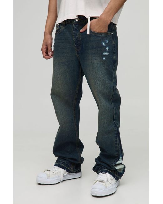 BoohooMAN Blue Slim Flared Vintage Washed Distressed Gusset Jeans for men