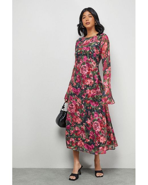 Oasis Red Burnout Floral Chiffon Slash Neck Bias Midi Dress