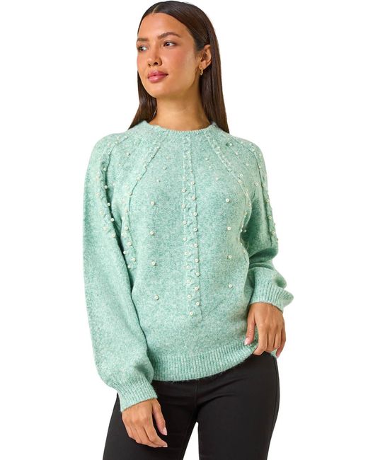 Roman Green Pearl Embellished Cable Knit Jumper