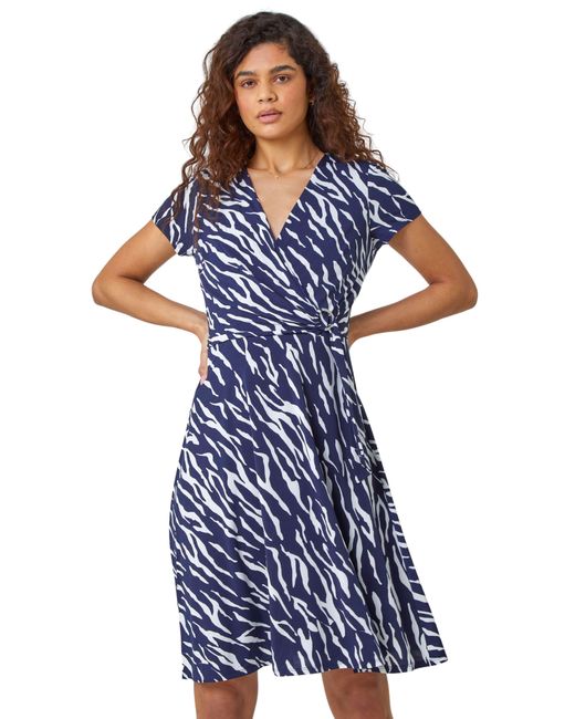 Roman Blue Zebra Print Stretch Wrap Skater Dress