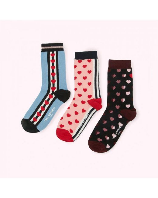 Lulu Guinness Red Multi Hearts Ankle Socks - 3 Pairs Bamboo Cotton
