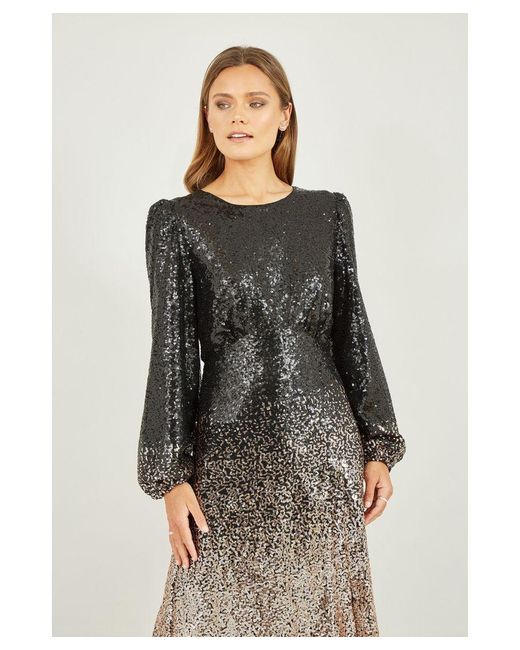 Yumi' Black And Sequin Ombre Long Sleeve Midi Dress