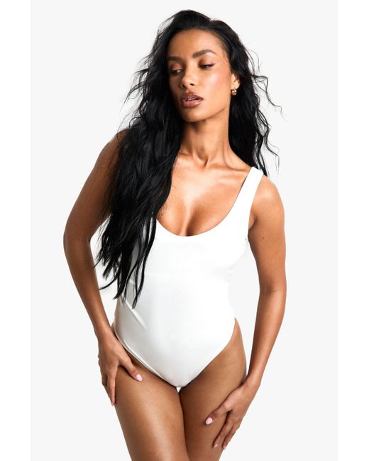Boohoo White Petite Swimwear Essentials Ruched Swimsuit