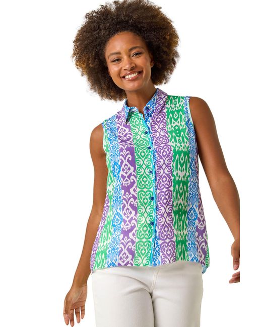 Roman Blue Ikat Print Button Blouse