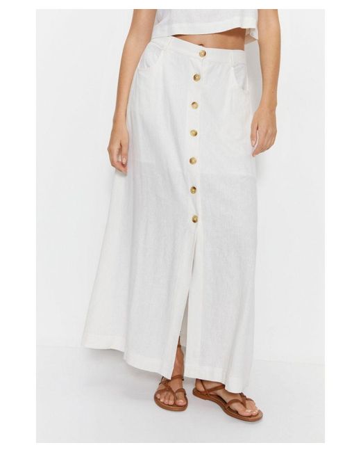 Warehouse White Linen Button Detail Midi Skirt