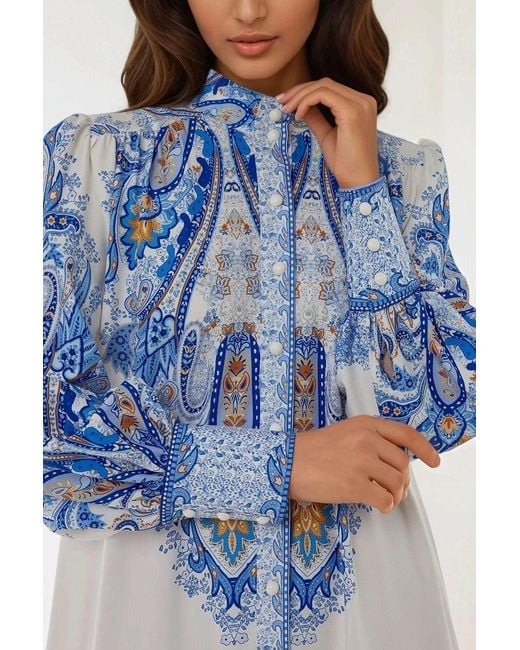 Hiccup Blue Printed Long Sleeve Maxi Dress
