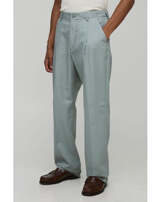 BoohooMAN Blue Straight Fit Linen Blend Crease Front Pants for men