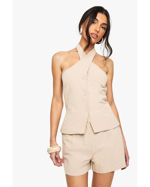 Boohoo Natural Linen Cross Halterneck Waistcoat