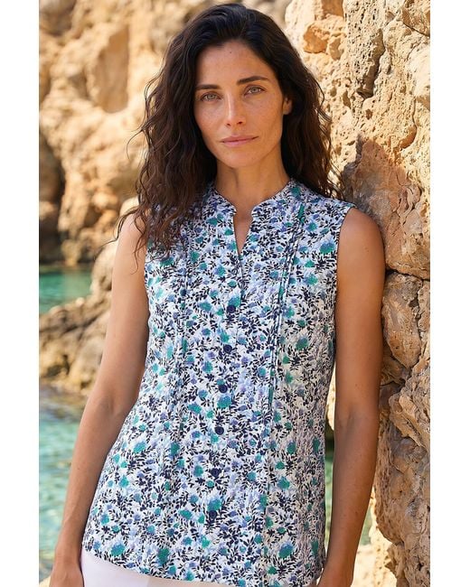 Roman Blue Classic Pintuck Ditsy Floral Print Top