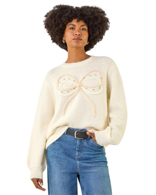 Roman Blue Faux Pearl Bow Knit Crew Jumper