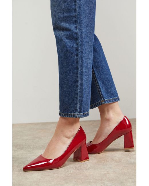 Oasis Blue Val Faux Patent Leather Pointed High Block Heel Courts