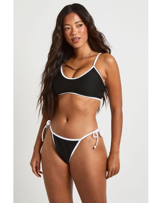 Boohoo Brown Ribbed Contrast Detail Scoop Bikini Top & Tie Side Bottom Set
