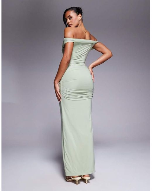 Kaiia Gray Exclusive Double Layered Slinky Bardot Gathered Waist Detail Maxi Dress