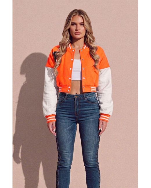 Femme Luxe Orange Varsity Slogan Contrast Sleeve Bomber