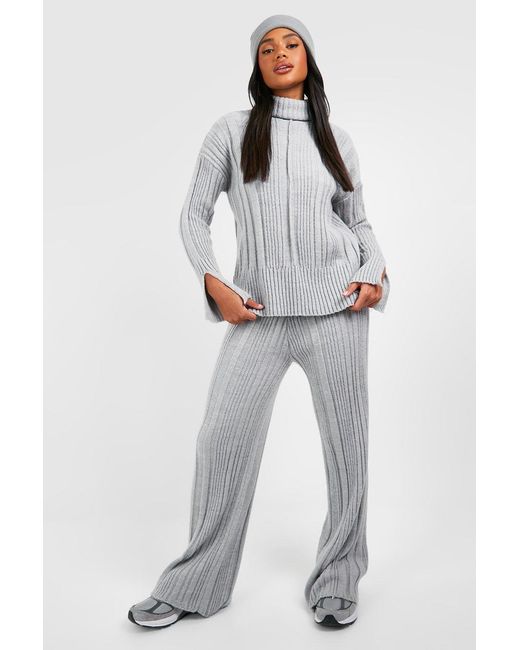 Boohoo Metallic Soft Mixed Rib Knit Wide Leg Trousers