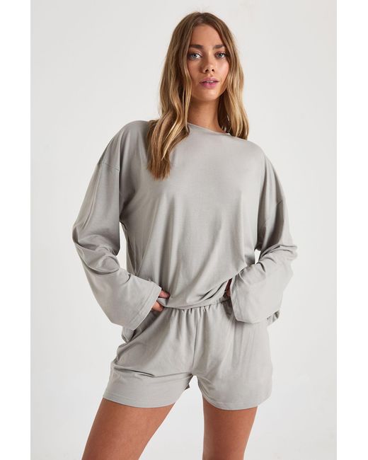 Boohoo Gray Modal Oversized Long Sleeve Top & Shorts Pyjama Set