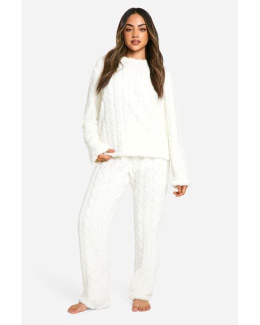 Boohoo Cable Knit Fleece Sweater Pants Lounge Set in White Lyst UK