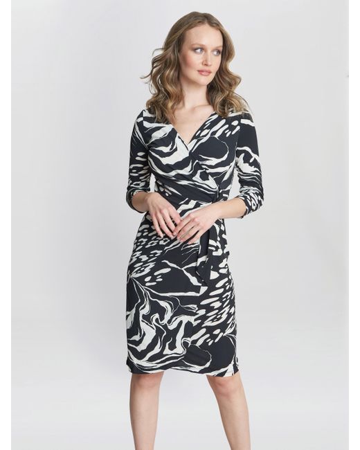 Gina Bacconi Black Bianca Printed Jersey Ruffle Dress