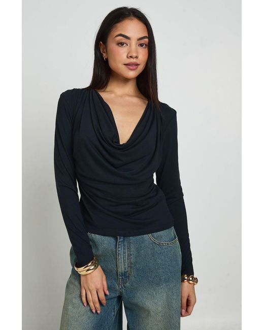 Boohoo Black Cupro Cowl Neck Long Sleeve Crop Top