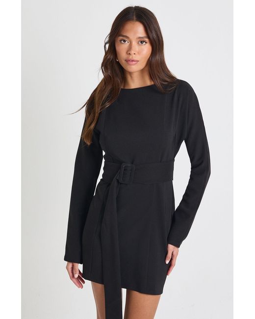 Boohoo Black Belted Long Sleeve Skater Dress