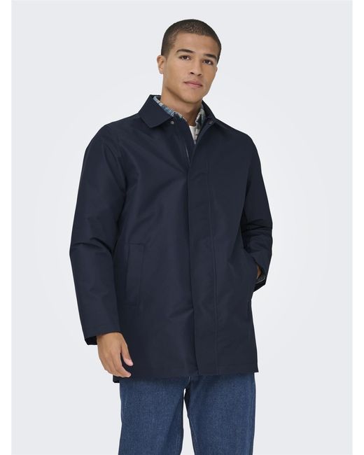 Only & Sons Blue Long Coat Lightweight Autumn Winter for men