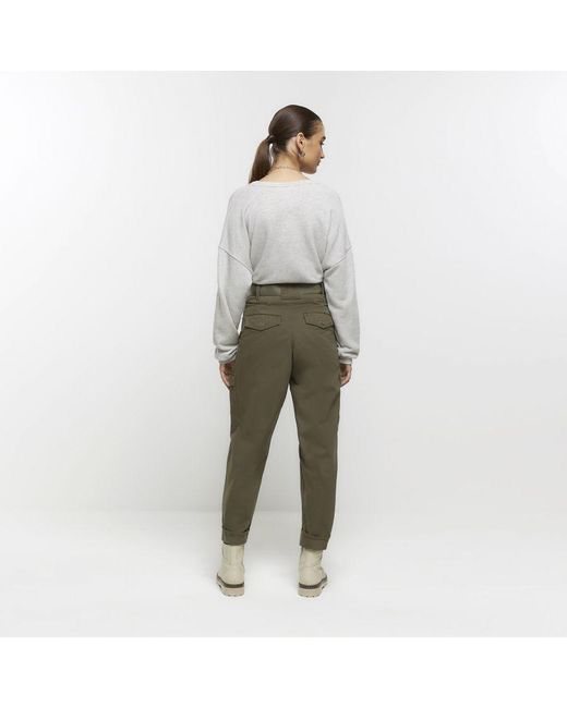 River Island White Cargo Trousers Belted Paperbag Cotton