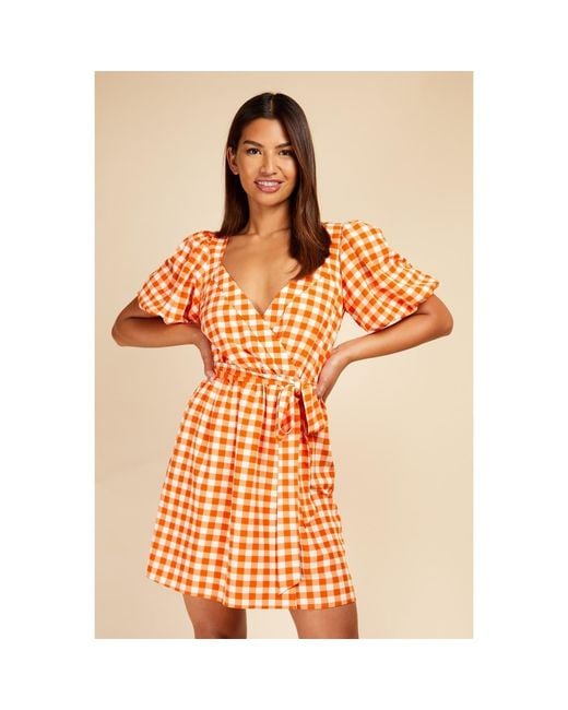 Little Mistress Orange V-Neck Short Sleeve Mini Wrap Dress