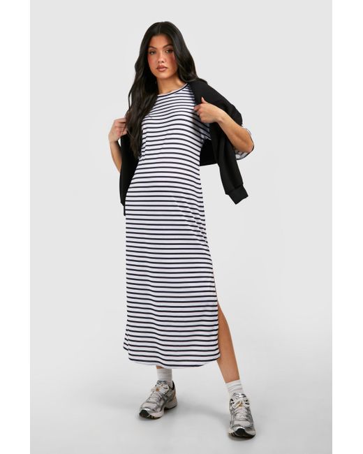 Boohoo Blue Maternity Short Sleeve Split Hem Striped Dress
