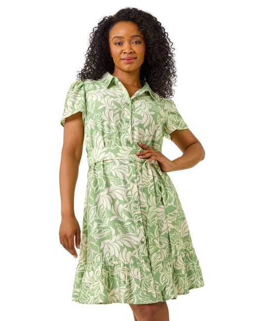 Roman Green Petite Leaf Print Shirt Dress