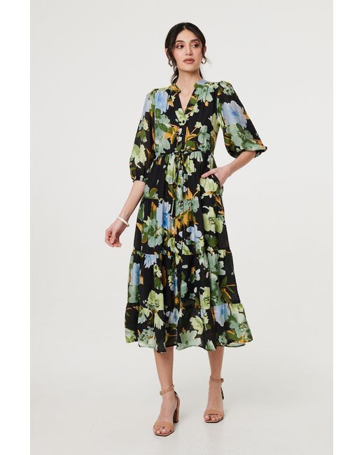 Izabel London Leaf Print 3/4 Sleeve Shirt Midi Dress in Green