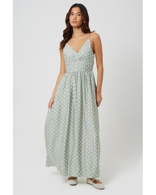 Brave Soul Green Pale Polka Dot Strappy Midi Dress