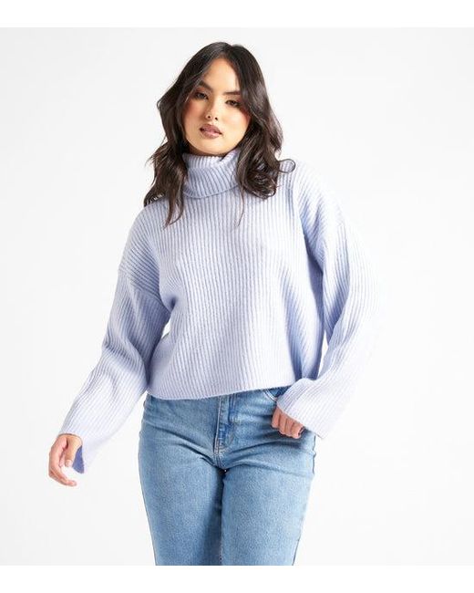 Urban Bliss Blue Crop Roll Neck Wide Rib Jumper
