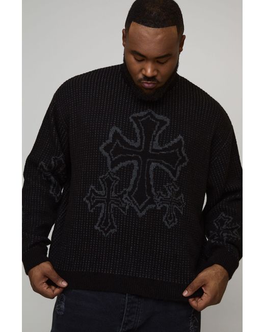 BoohooMAN Black Plus Oversized Boxy Fluffy Cross Jacquard Knitted Jumper for men
