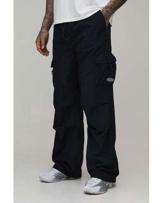 BoohooMAN Black Tall Baggy Fit Cargo Utility Track Pants for men