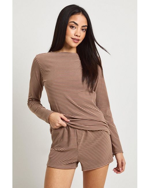 Boohoo Brown Soft Rib Stripe Long Sleeve Top & Short Pyjama Set