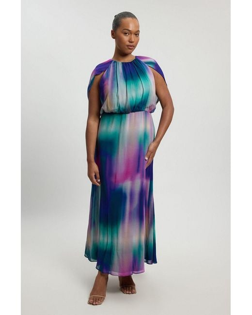 Karen Millen Blue Plus Size Crinkle Georgette Cape Blur Print Woven Maxi Dress