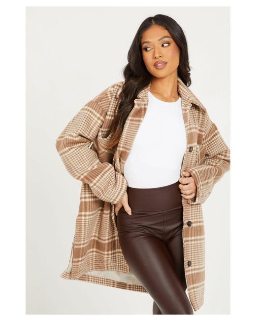 Quiz Brown Petite Stone Checked Oversized Shacket